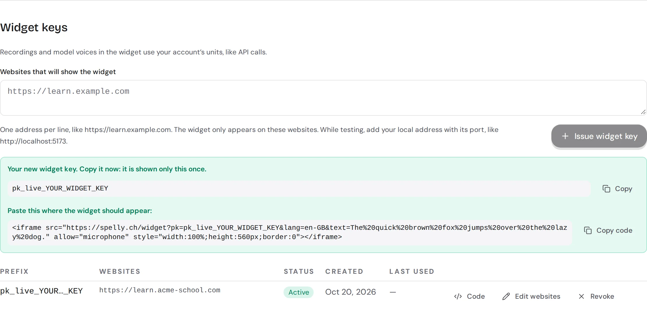 Claus de widget a la consola: el camp de llocs web, una clau nova amb el codi per enganxar i la clau a la llista amb el seu lloc web.