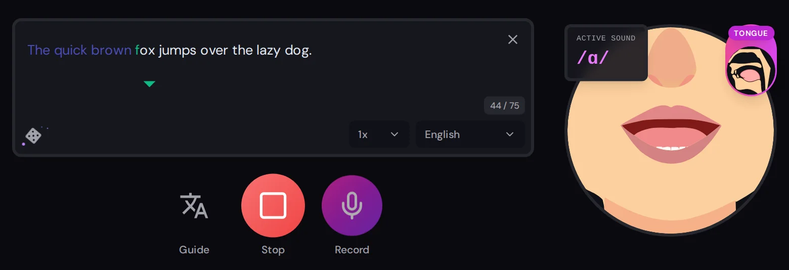 The Spelly widget playing a sentence inside a product: each word lights up as it is spoken and the mouth shows the sound being made.