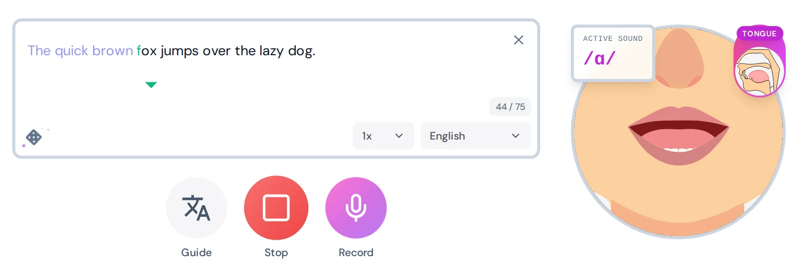 The Spelly widget playing a sentence inside a product: each word lights up as it is spoken and the mouth shows the sound being made.